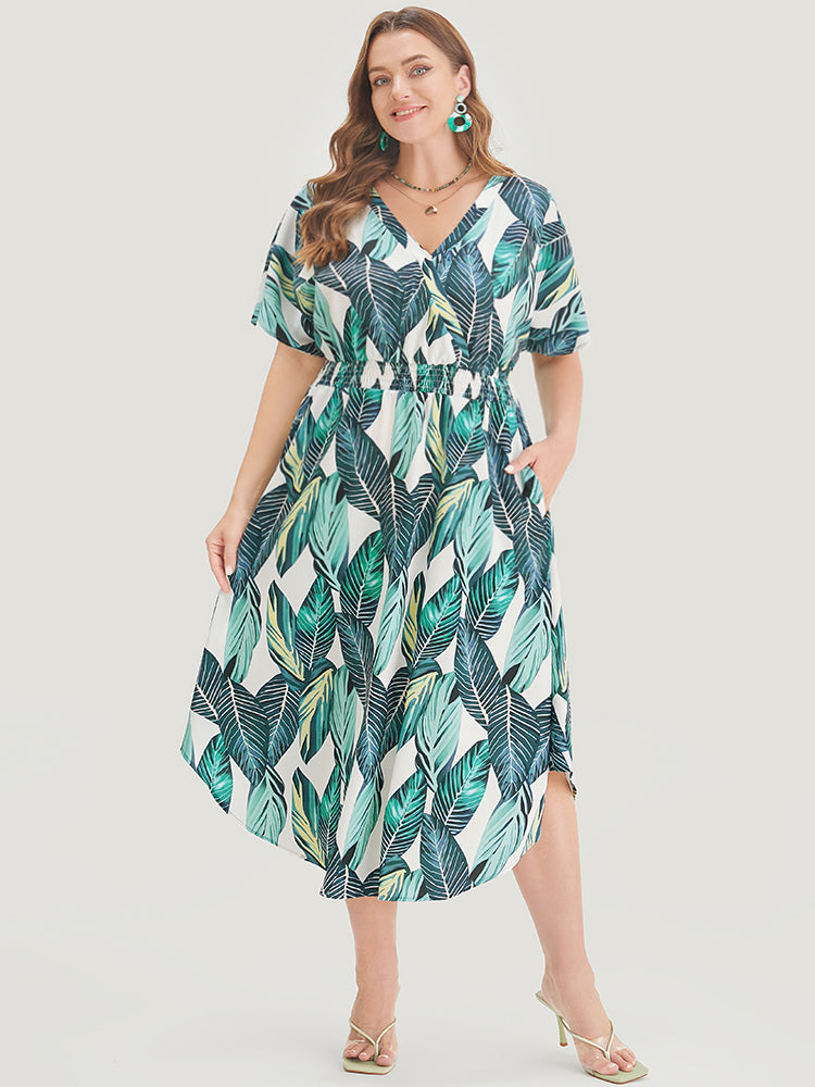 Tropical Print Dolman Sleeve Shirred Wrap Pocket Arc Hem Dress