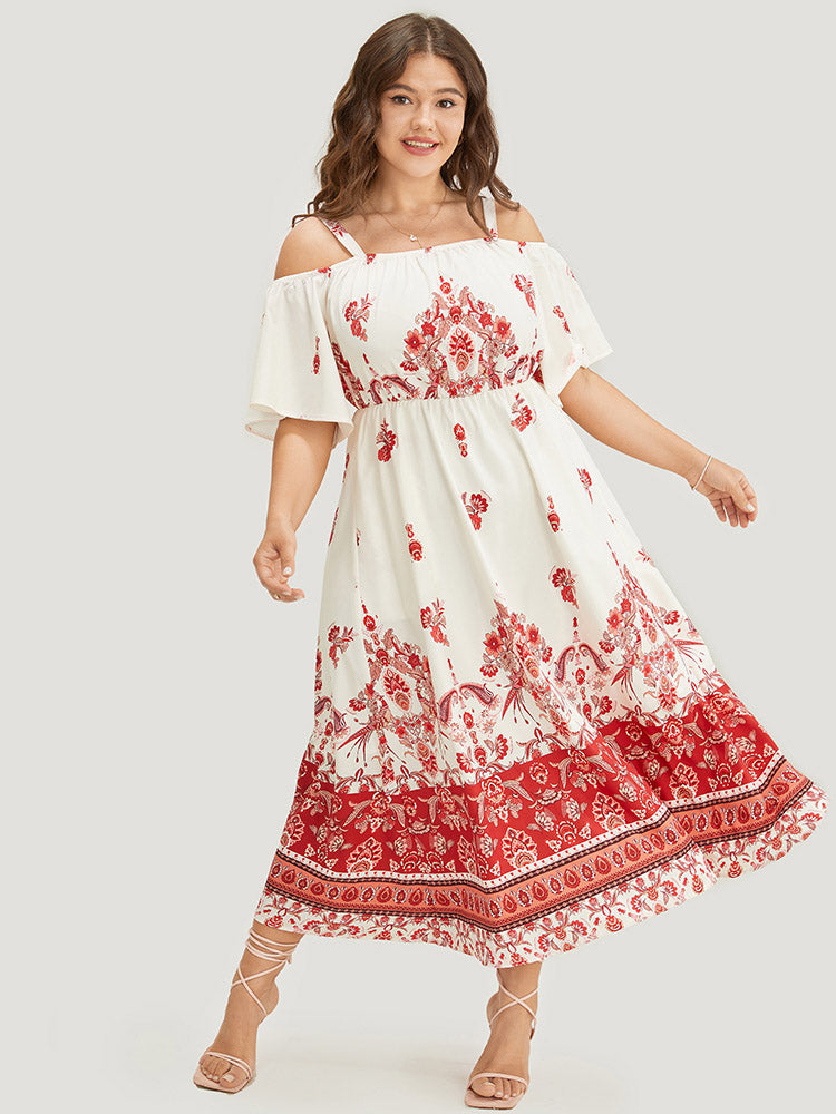 Bandana Print Pocket Cold Shoulder Flutter Hem Dress