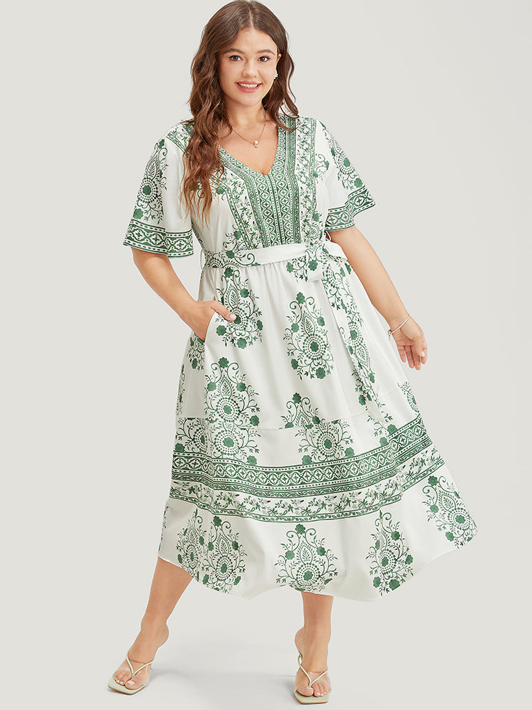 Bandana Print Ruffle Sleeve Pocket Belted Midi Dress