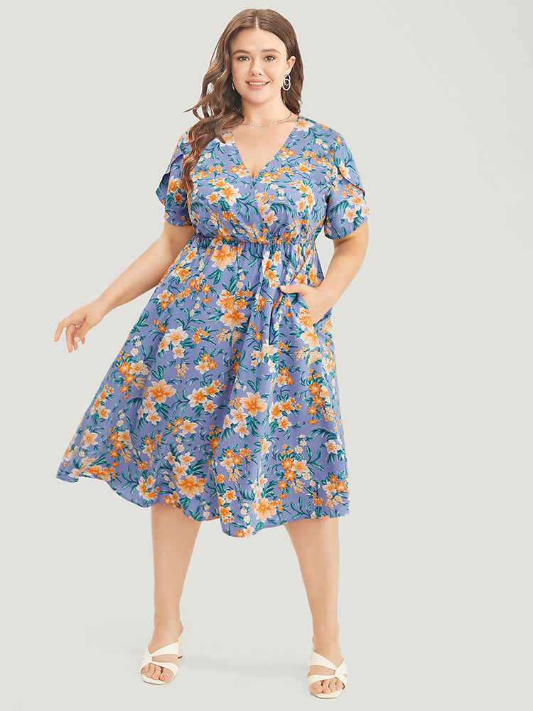 Floral Print Petal Sleeve Pocket Flutter Hem Wrap Dress