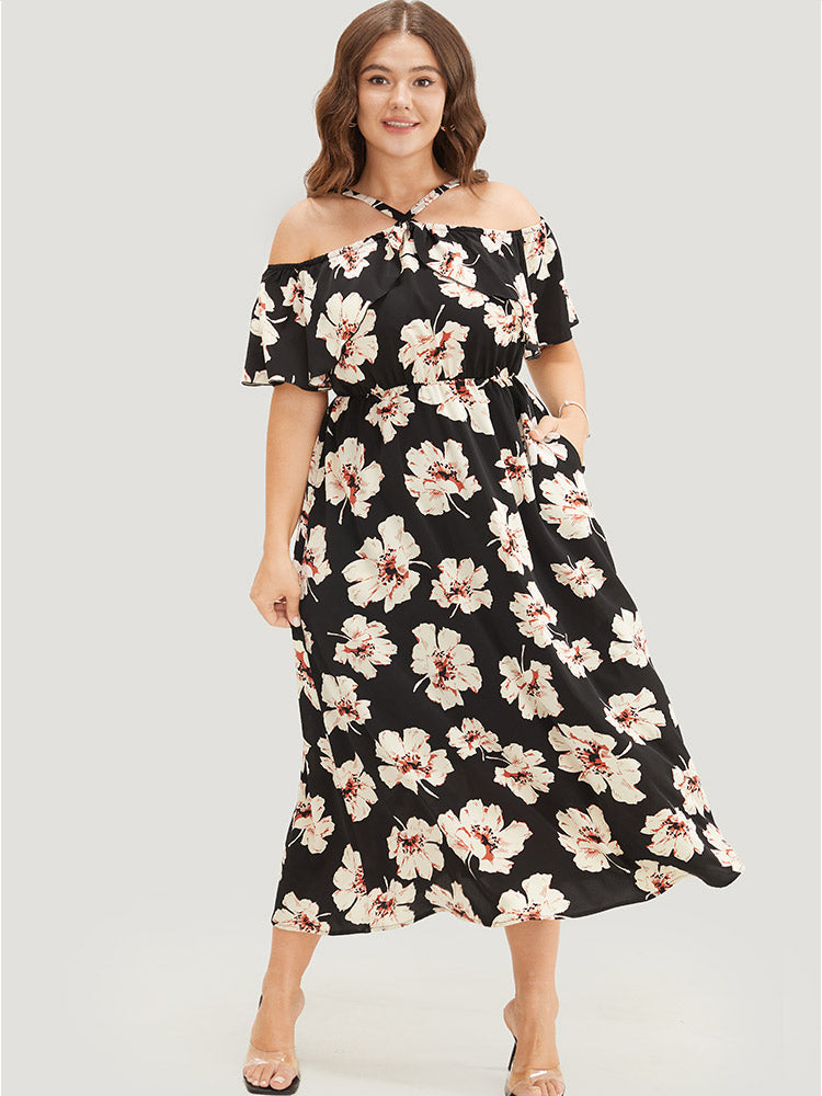 Floral Pocket Ruffle Trim Halter Neck Dress