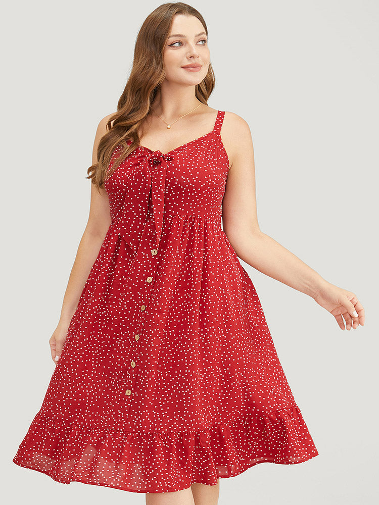 Polka Dot Button Detail Knotted Pocket Cami Dress