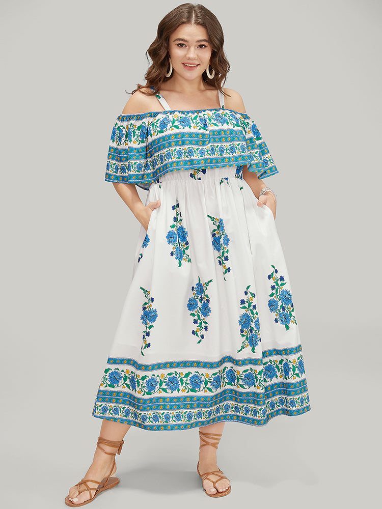 Bandana Print Flutter Pocket Cold Shoulder Dress