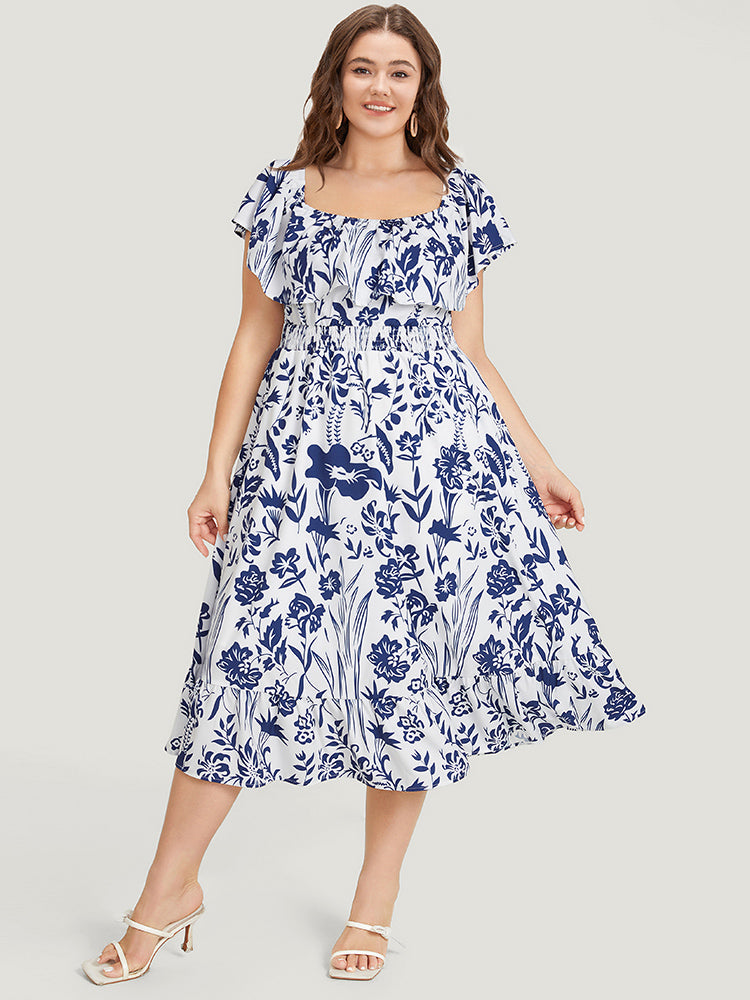 Floral Ruffle Trim Square Neck Shirred Pocket Dress