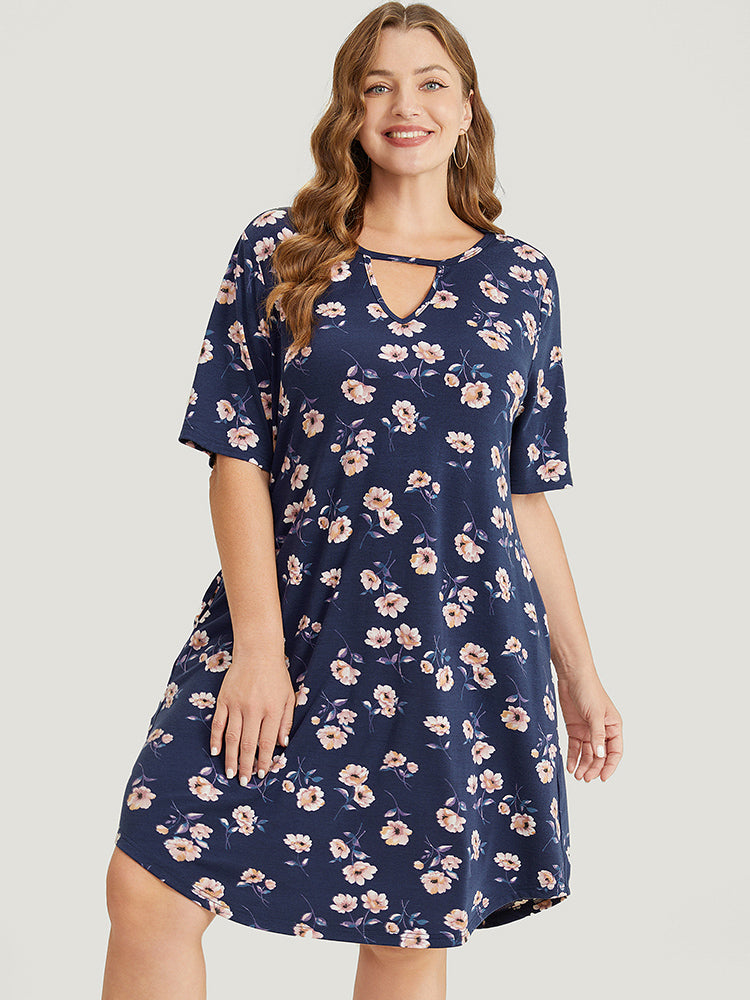 Floral Print Keyhole Neck Pocket Arc Hem Dress