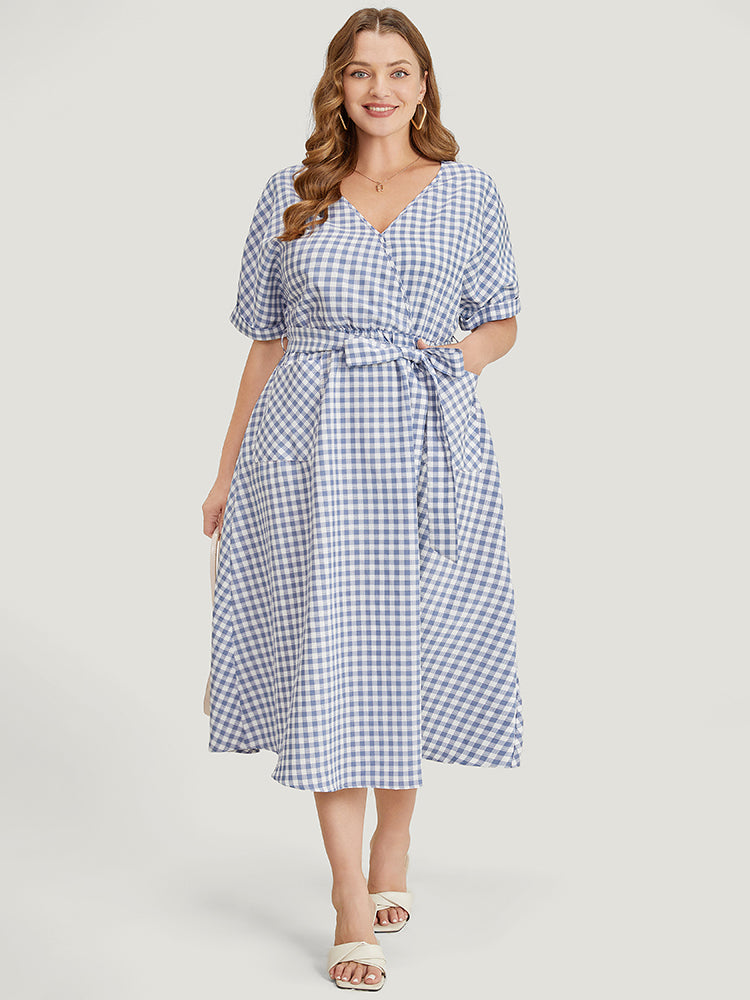 Gingham Print Roll Batwing Sleeve Belt Pocket Wrap Dress