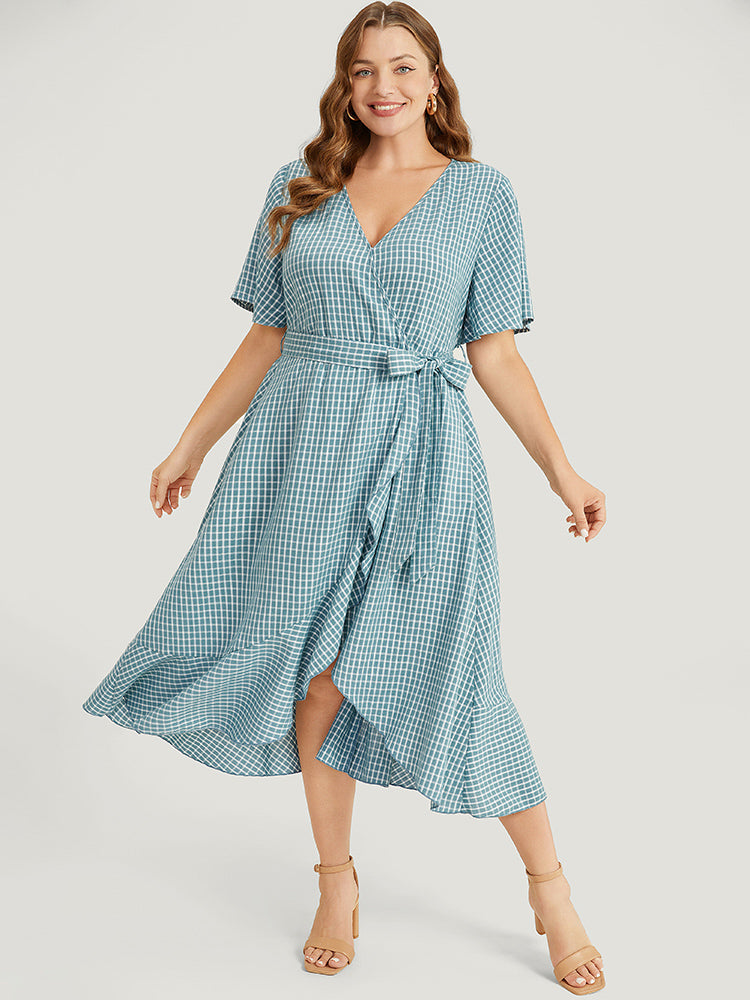 Gingham Pocket Belted Ruffle Trim Surplice Neck Dress