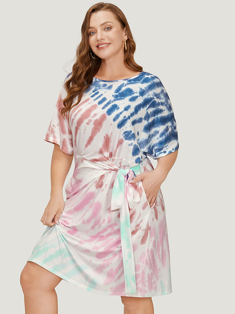 Tie Dye Dolman Sleeve Pocket Knot Side Dress