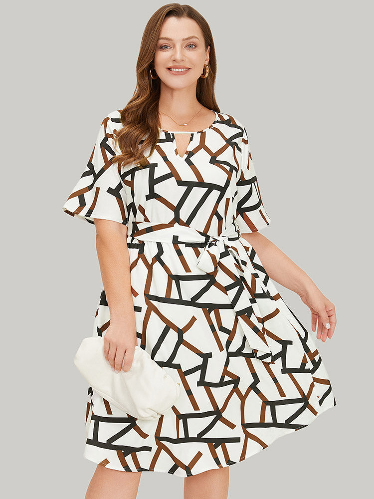 Geometric Print Pocket Ruffles Keyhole Neck Dress