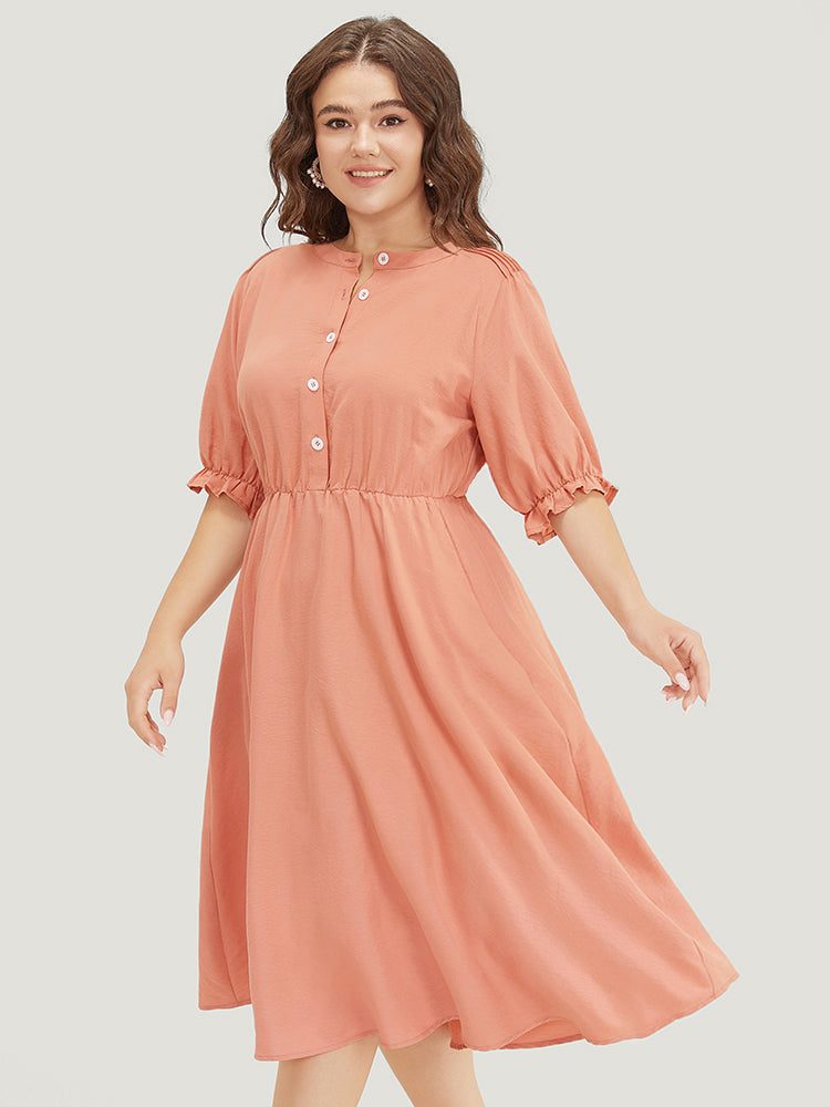 Plain Ruffles Pocket Button Up Puff Sleeve Pleated Dress