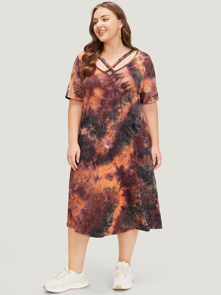 Tie Dye Pocket Crisscross Neck Dress