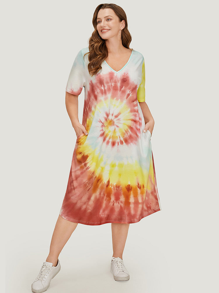 Tie Dye Pocket Short Sleeve V Neck Midi Dress