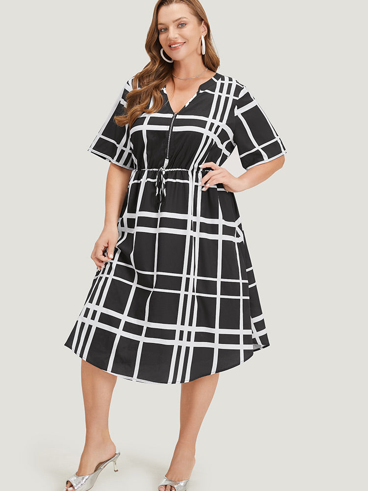 Plaid Knot Front Pocket Arc Hem Zipper Dress