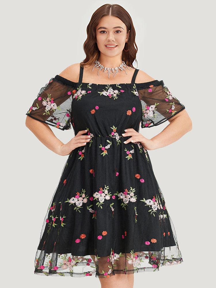 Floral Embroidered Cold Shoulder Mesh Cami Dress