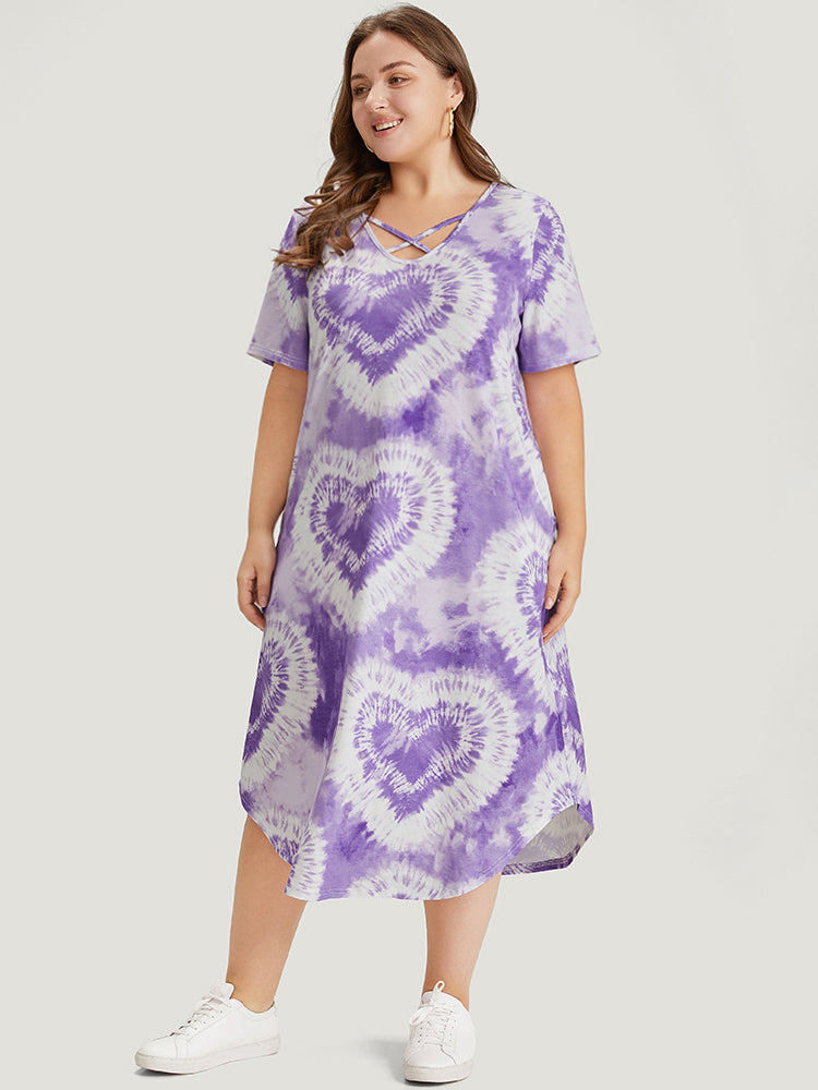 Heart Print Tie Dye Pocket Crisscross Neck Dress