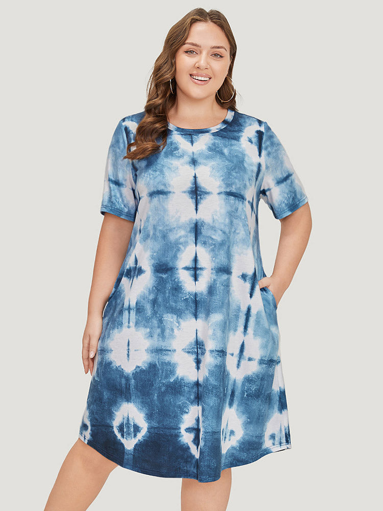 Tie Dye Pocket Ruffle Hem Crew Neck Dress