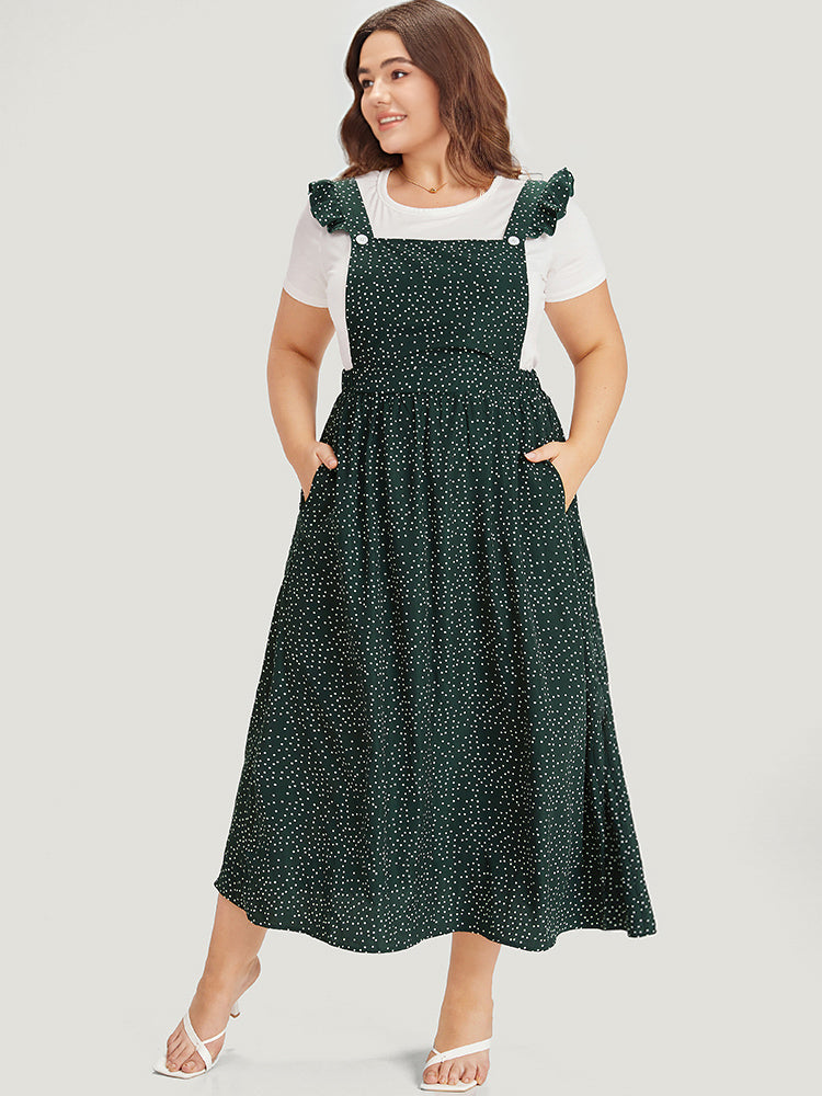 Polka Dot Pocket Flutter Trim Overall Dress