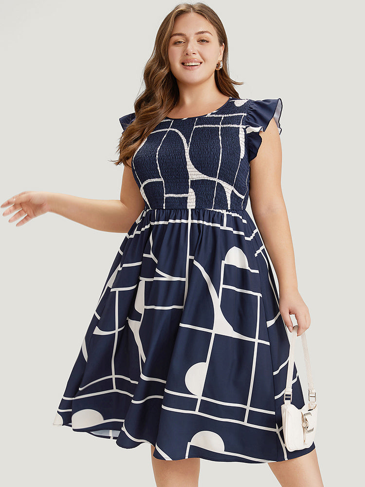 Geometric Pocket Flutter Sleeve Shirred Dress