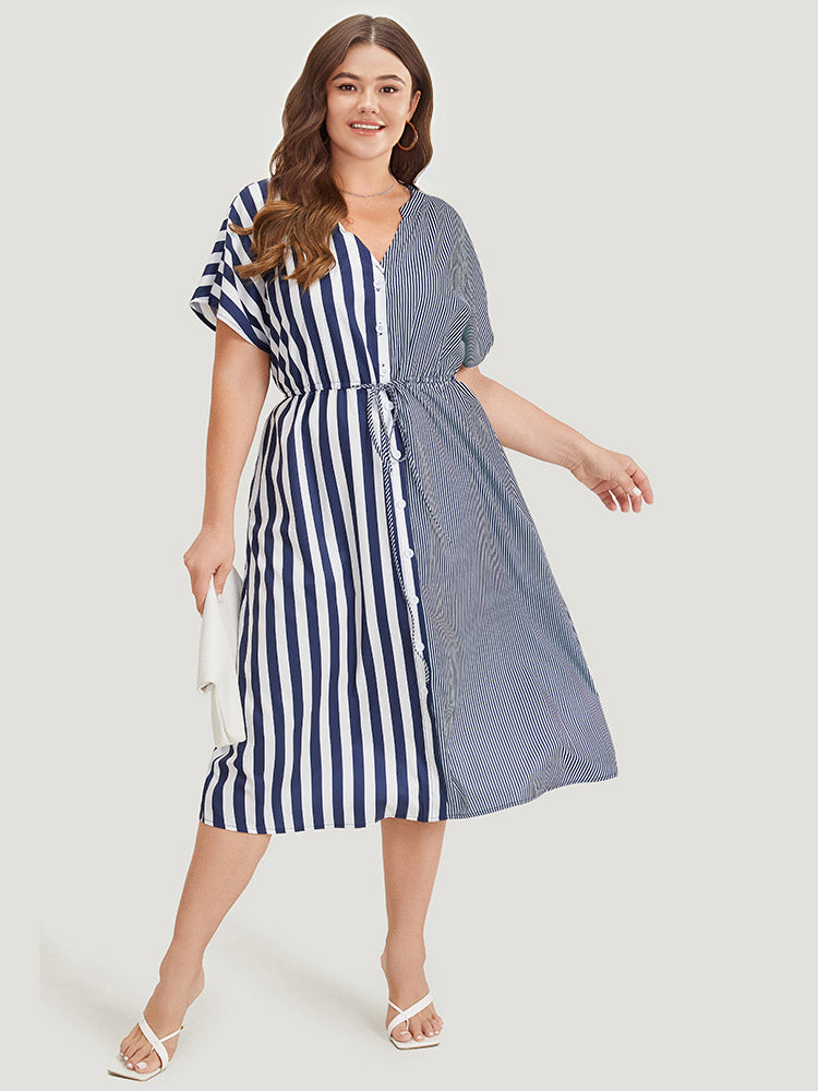 Striped Pocket Notched Patchwork Drawstring Dress