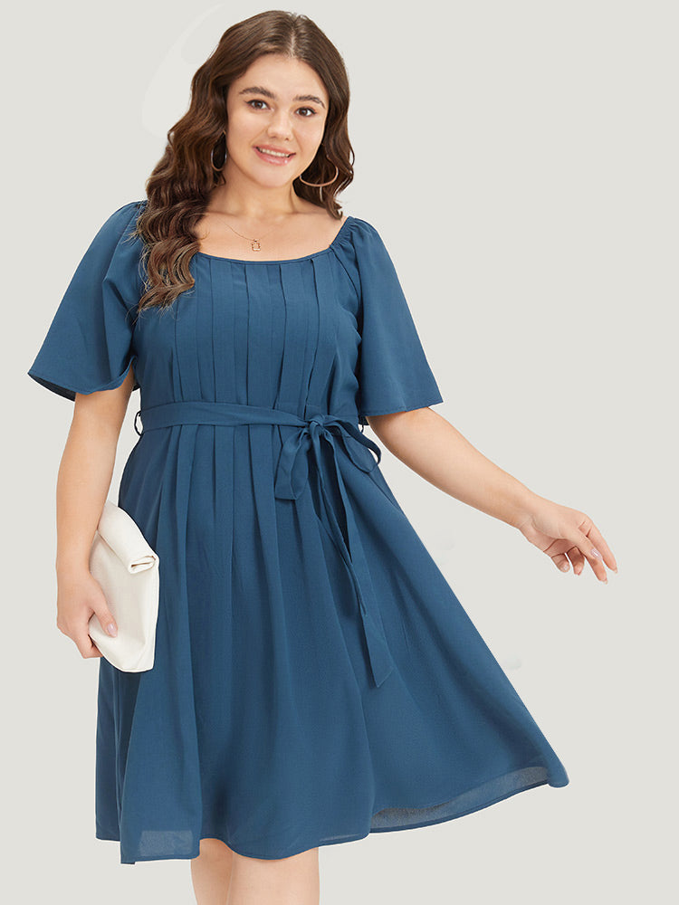 Plain Pocket Belted Pleated Raglan Sleeve Dress