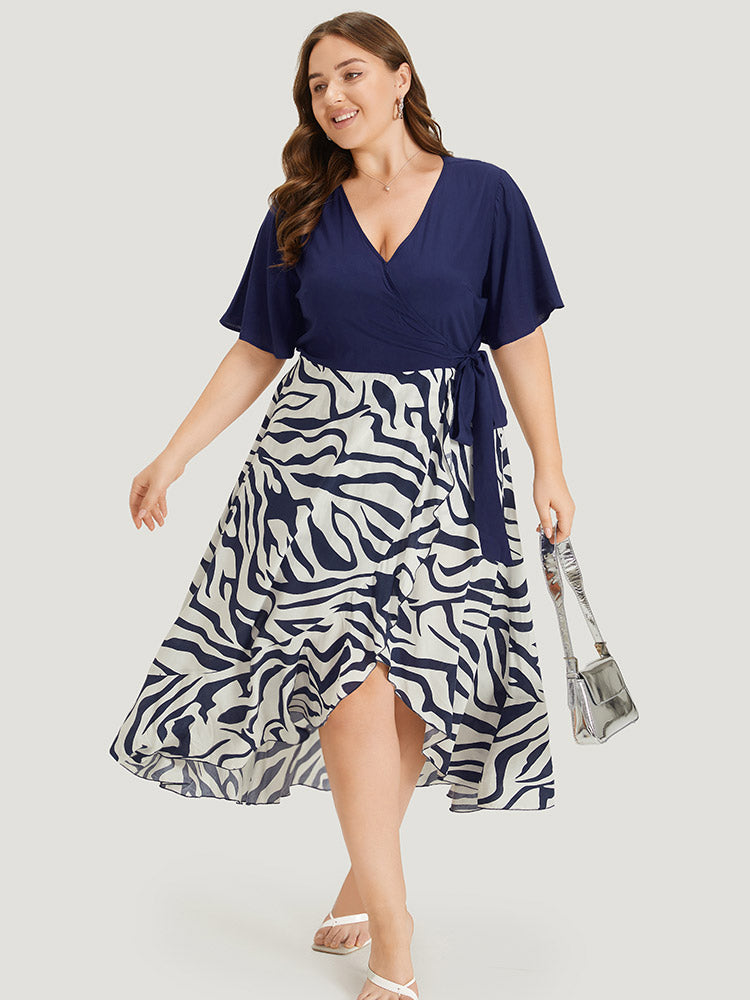 Water Ripple Patchwork Wrap Pocket Knotted Dress