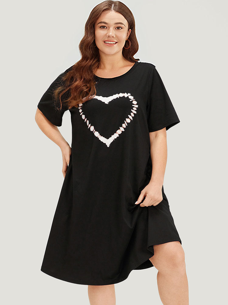 Heart Print Contrast Pocket Short Sleeve Dress