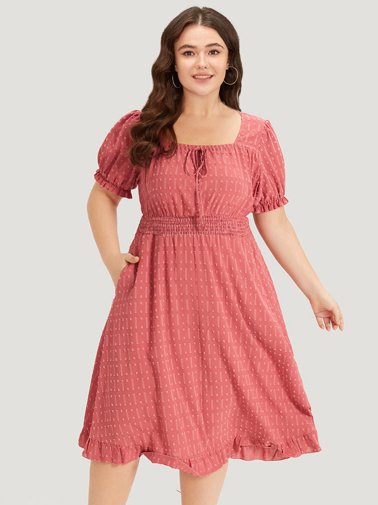 Plain Polka Dot Shirred Square Neck Bowknot Dress