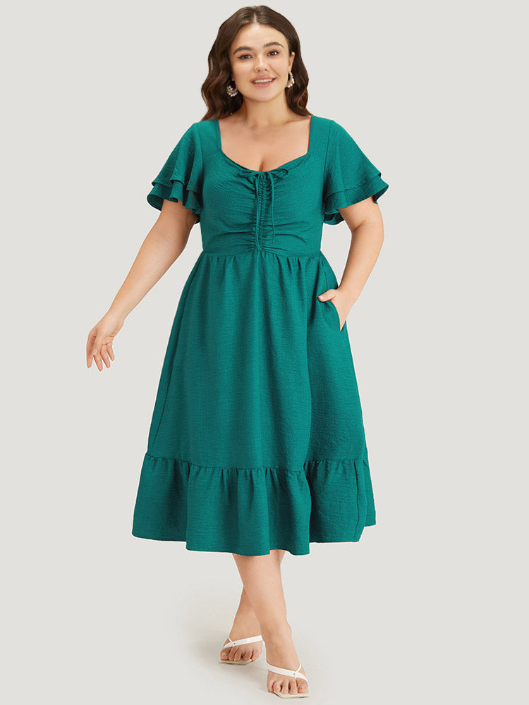 Solid Drawstring Pocket Ruffle Trim Layered Dress