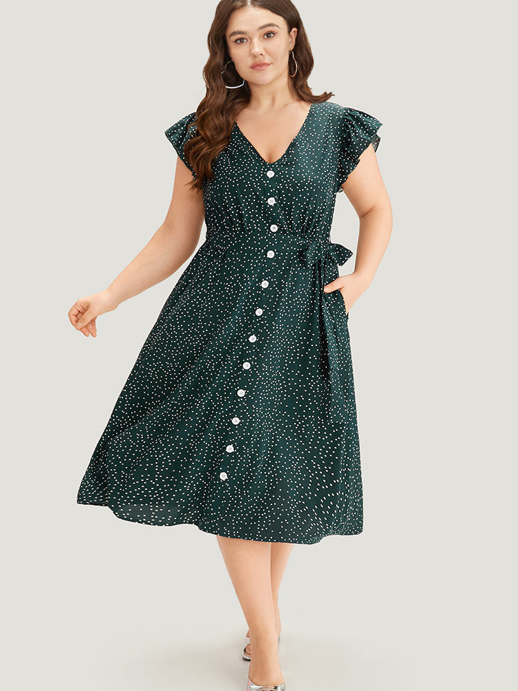 Polka Dot Flutter Trim Button Detail Belted Dress