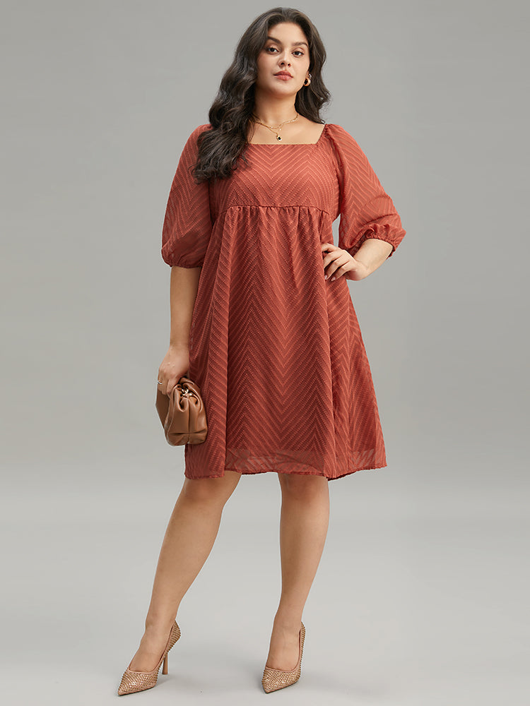 Plisse Solid Square Neck Lantern Sleeve Dress