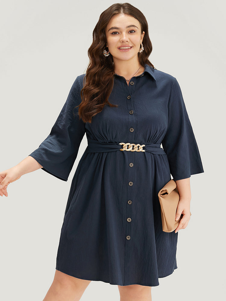 Solid Pocket Metal Buckle Detail Shirt Collar Dress