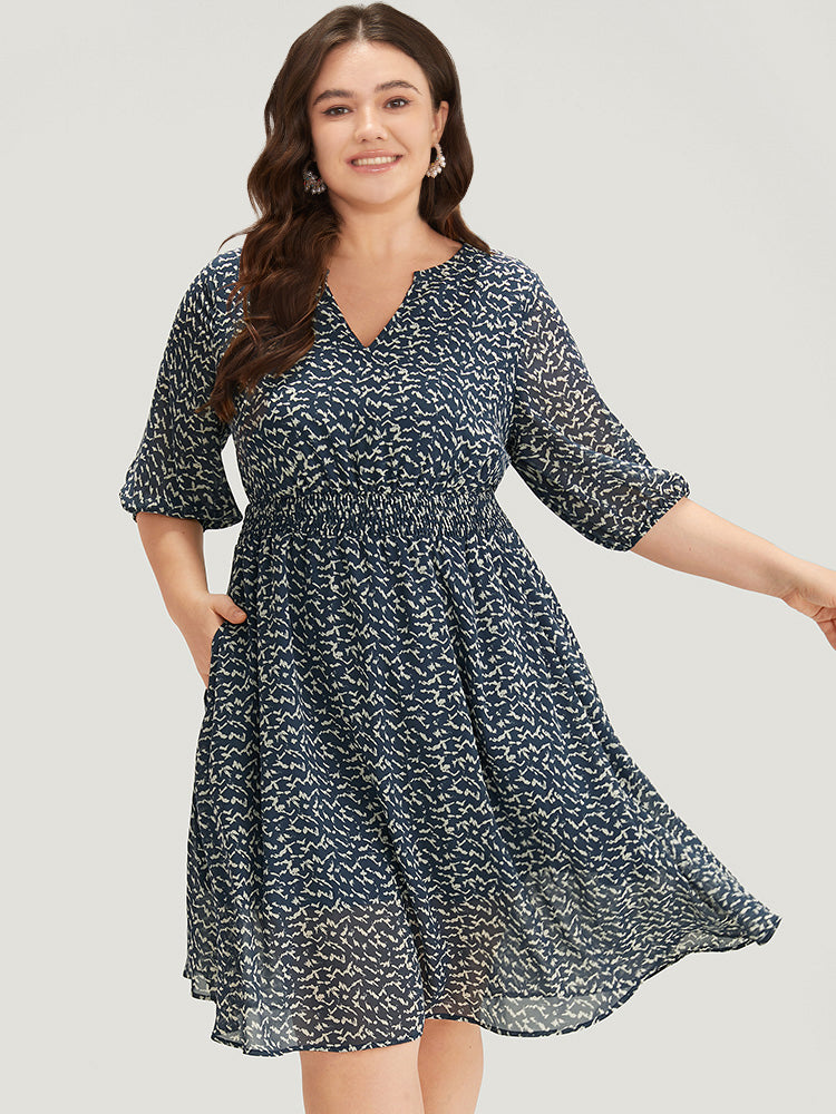 Bird Print Notched Shirred Lantern Sleeve Dress