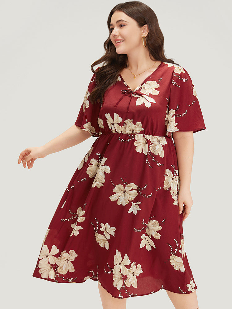 Floral Print Knot Neck Pocket Ruffle Dress