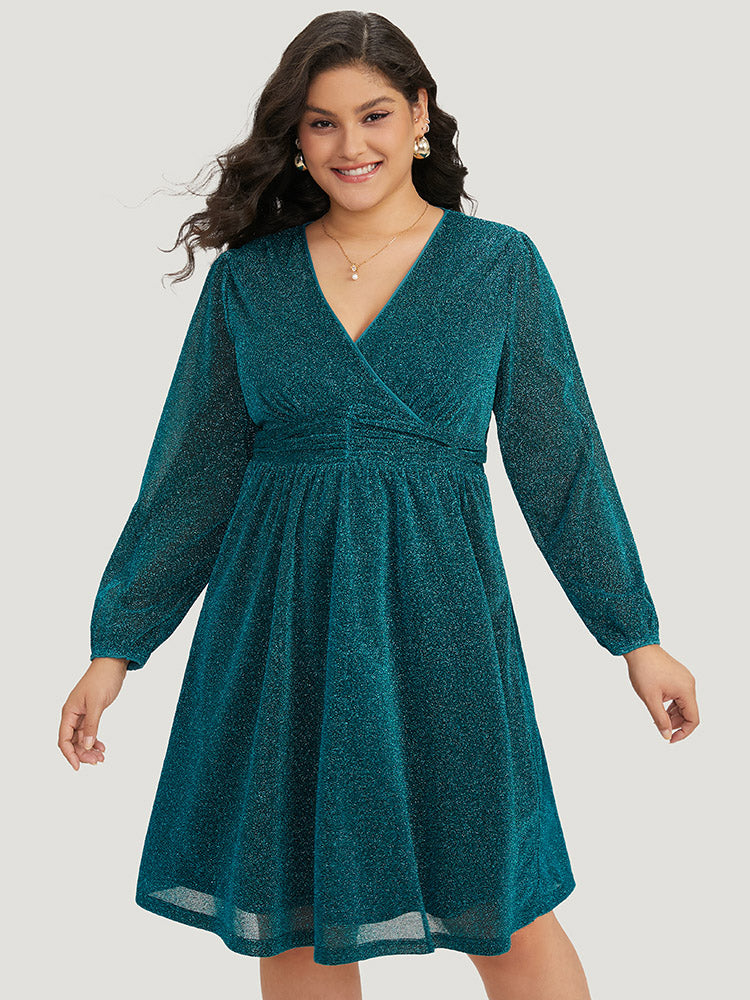 Glitter Overlap Collar Pocket Ruched Dress