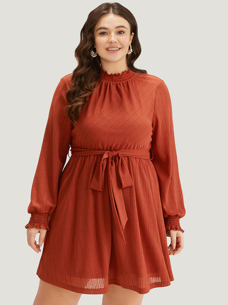 Solid Shirred Belted Mock Neck Dress