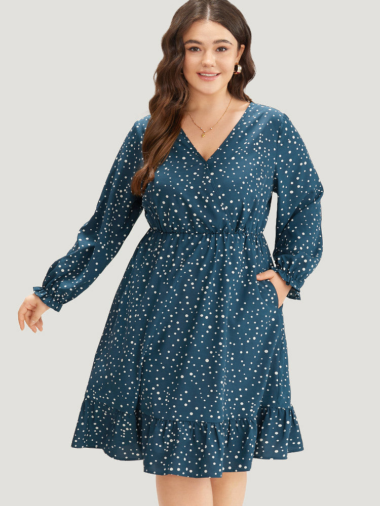 Polka Dot Overlap Collar Flutter Trim Dress