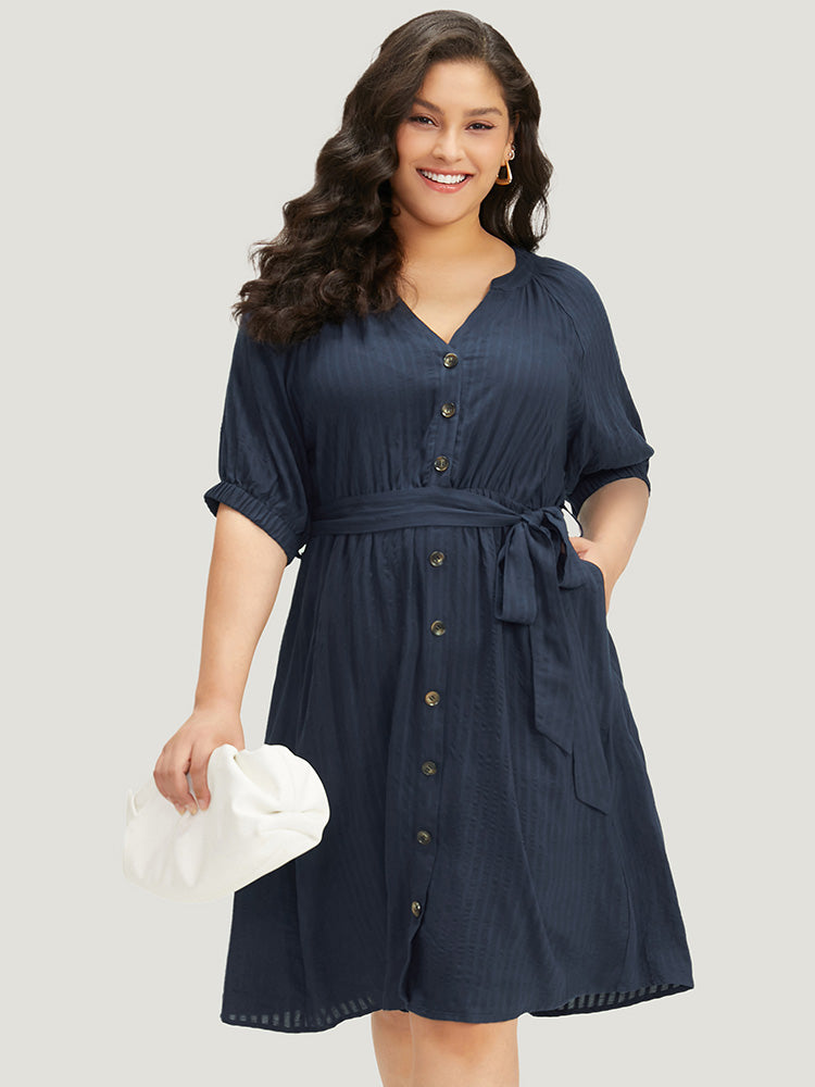 Solid Button Through Notched Belted Dress