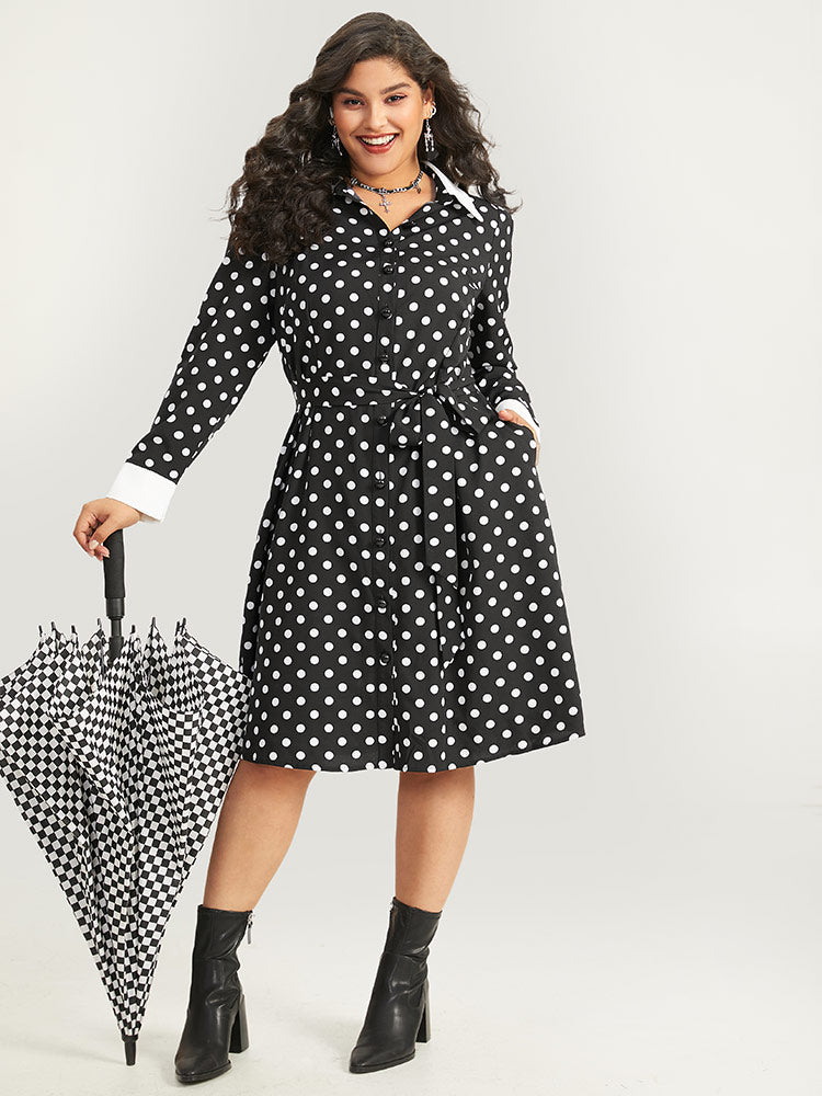 Halloween Polka Dot Shirt Collar Button Up Belted Dress