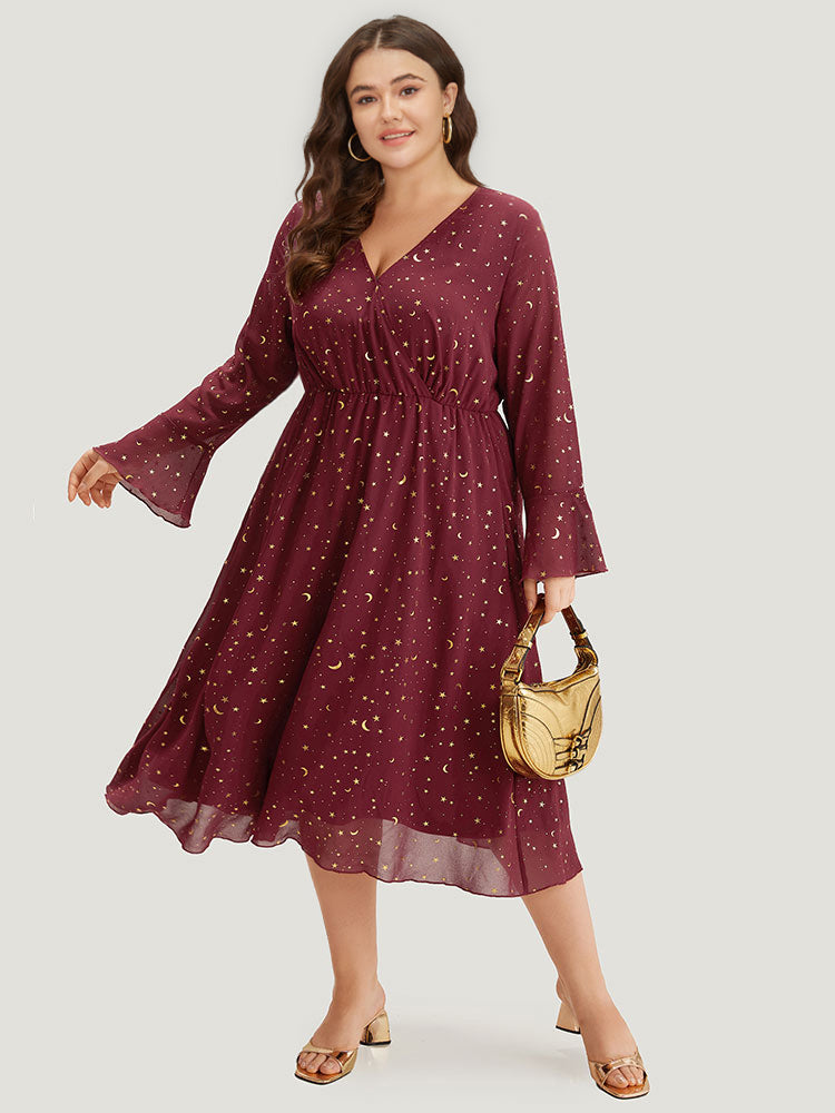 Moon & Star Glitter Surplice Neck Bell Sleeve Dress