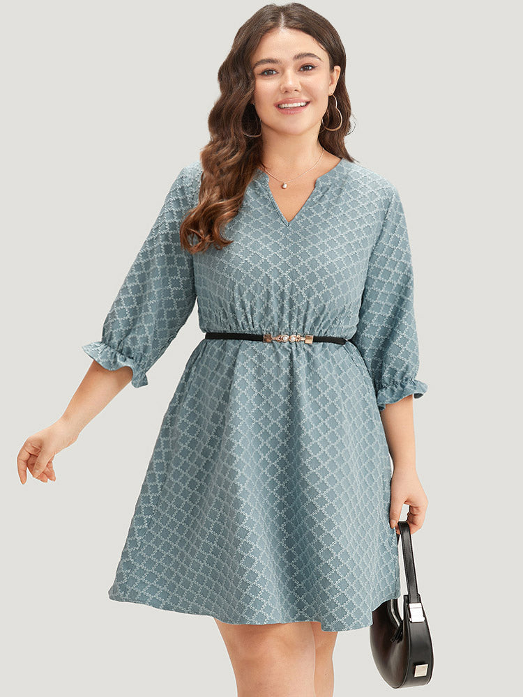 Geo Plisse Pocket Lantern Sleeve Notched Dress