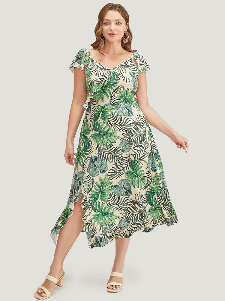 Plant Print Cap Sleeve Pocket Ruffle Trim Split Hem Dress