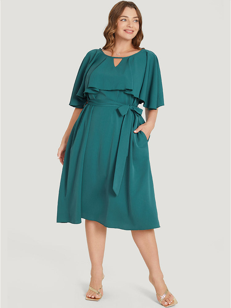 Plain Keyhole Pocket Belted Ruffles Dress