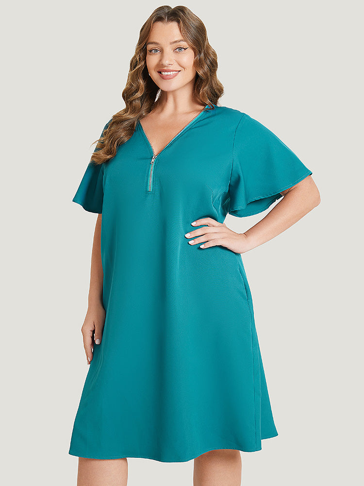 Solid Ruffle Sleeve Half Zipper Pocket Dress