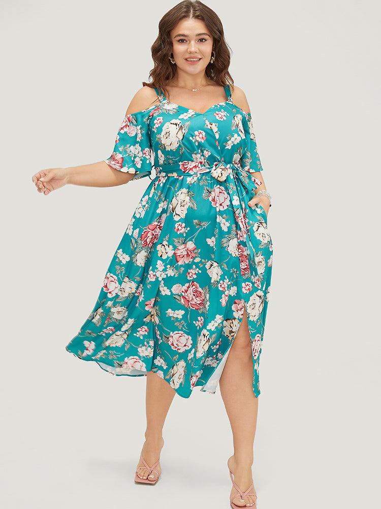 Floral Belted Flutter Hem Pocket Wrap Cold Shoulder Split Dress