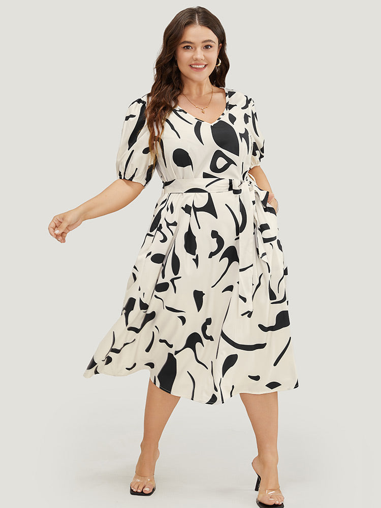 Geometric Print Pocket Flutter Hem Belted Puff Sleeve Dress