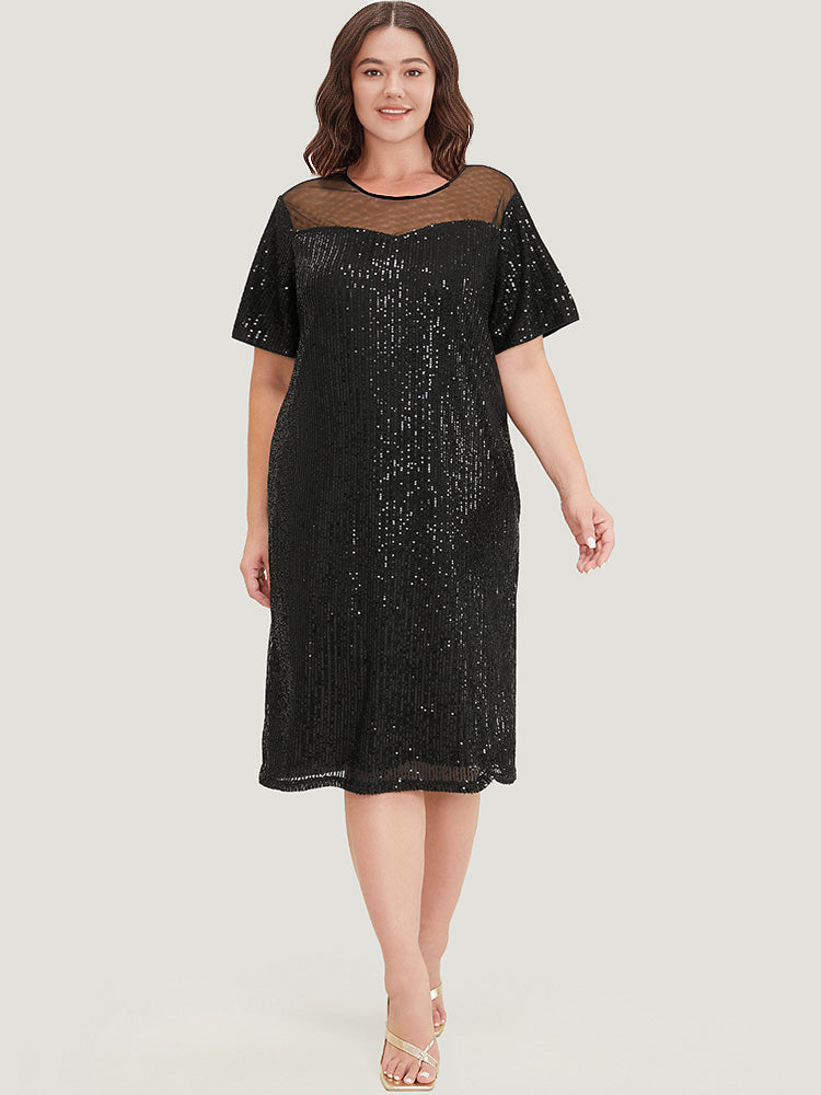 Sequin Mesh Insert Crew Neck Pocket Keyhole Midi Dress