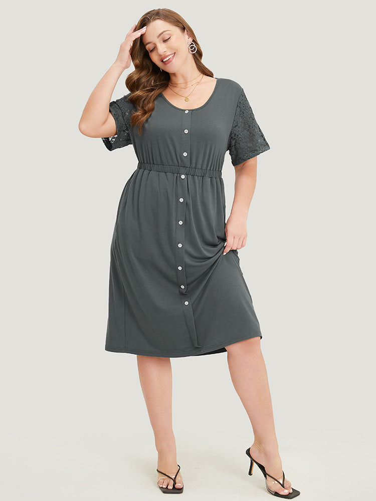 Solid Lace Sleeve Button Detail Pocket Midi Dress