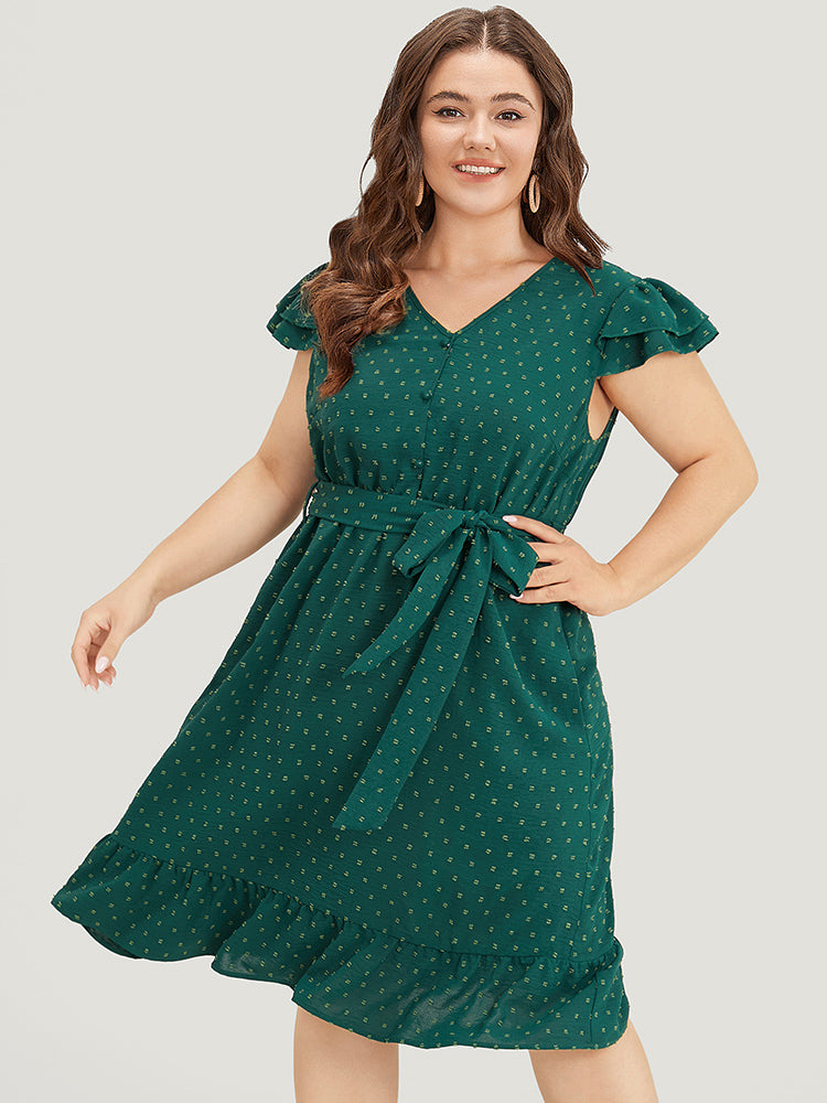 Polka Dot Layered Sleeve Pocket Button Up Belted Flutter Dress