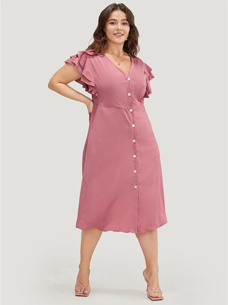 Plain Ruffle Sleeve Pocket Tiered Button Up Dress