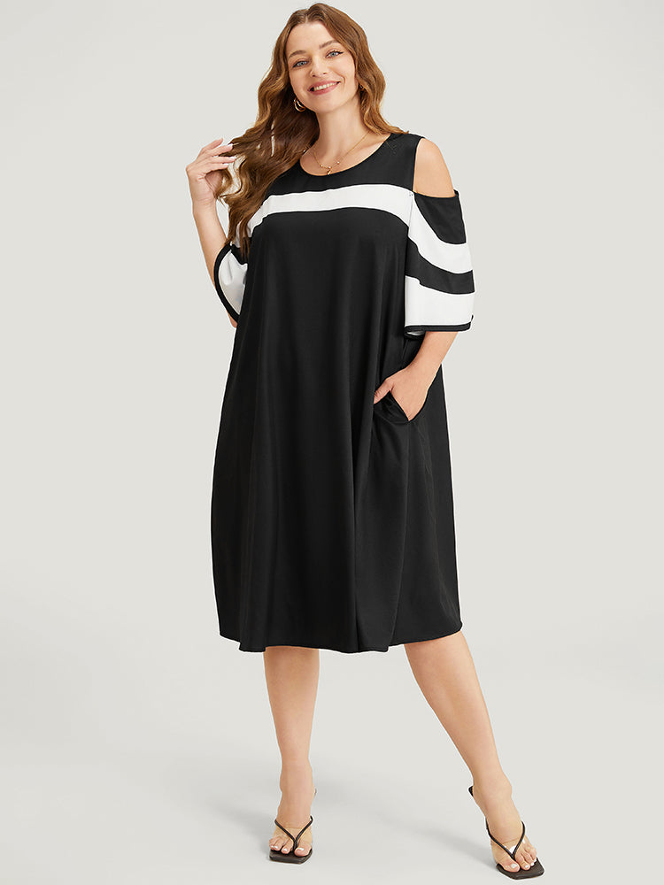 Colorblock Contrast Pocket Cold Shoulder Dress